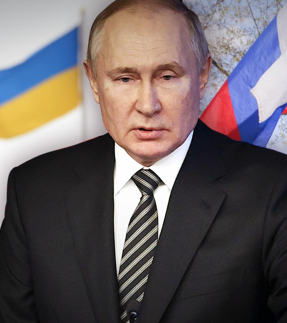 Ukraine-Krise: Putins Russland. In einem Kriegsgebiet eine ukrainische und eine russische Flagge. Davor der russische Staatspräsident Wladimir Putin.