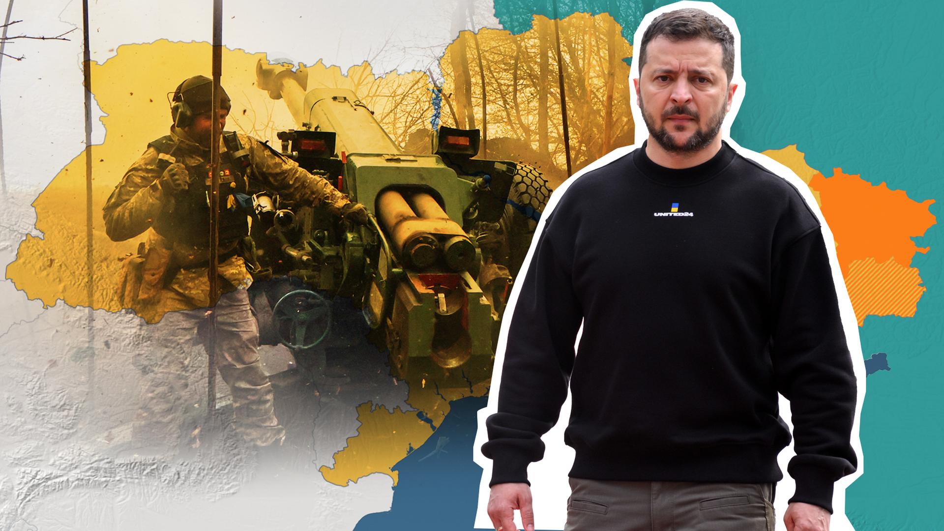 Zu sehen ist rechts im Vordergrund der ukrainische Präsident Selenskyj; hinter ihm eine grafische Karte der Ukraine mit Grenzverlauf sowie ukrainische Soldaten an einer Haubitze.