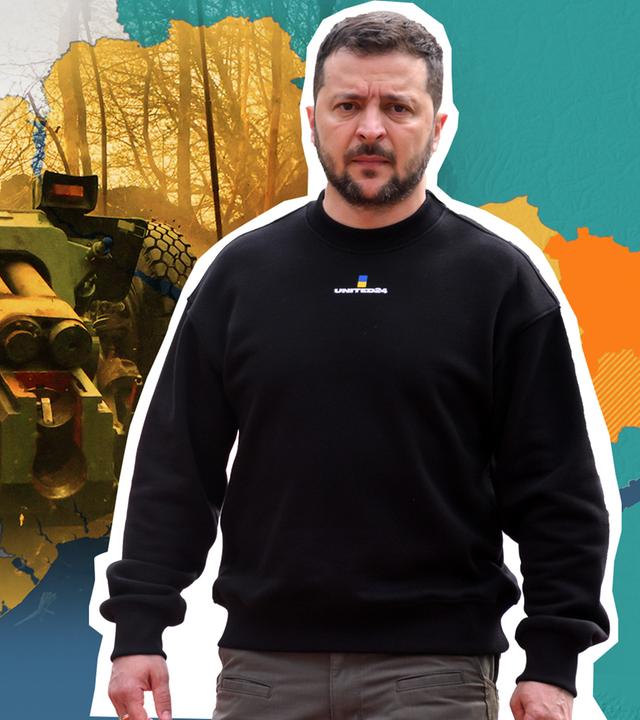 Zu sehen ist rechts im Vordergrund der ukrainische Präsident Selenskyj; hinter ihm eine grafische Karte der Ukraine mit Grenzverlauf sowie ukrainische Soldaten an einer Haubitze.