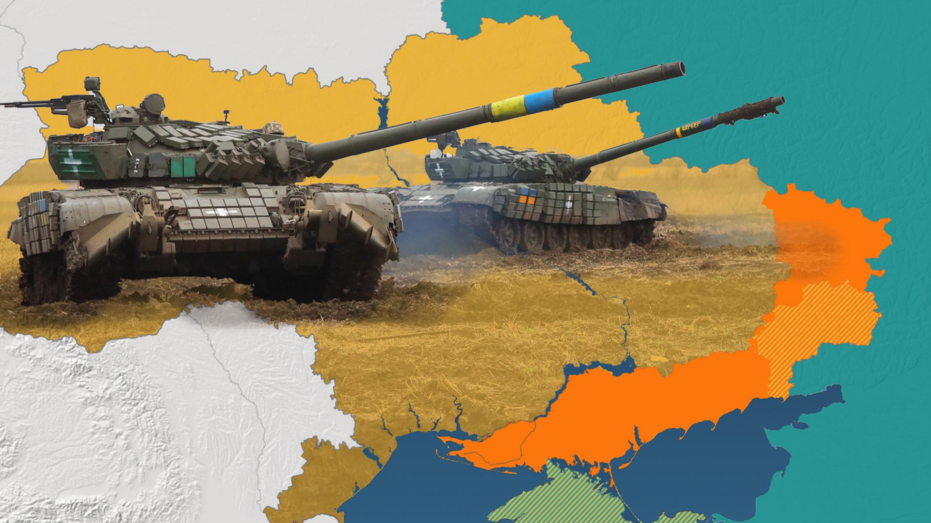 Zu sehen sind ukrainische Panzer vor einer grafischen Karte mit eingezeichnetem Frontverlauf in der Ukraine. 