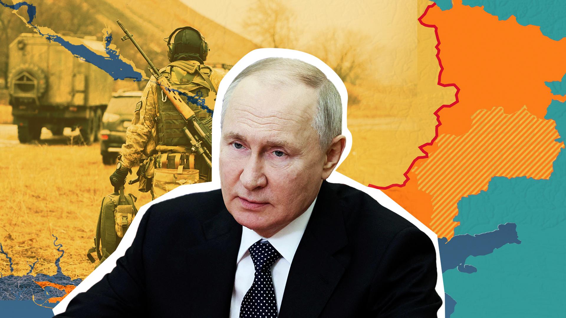 Putin vorne, im Hintergrund Soldat und Panzer/ Ukraine Karte