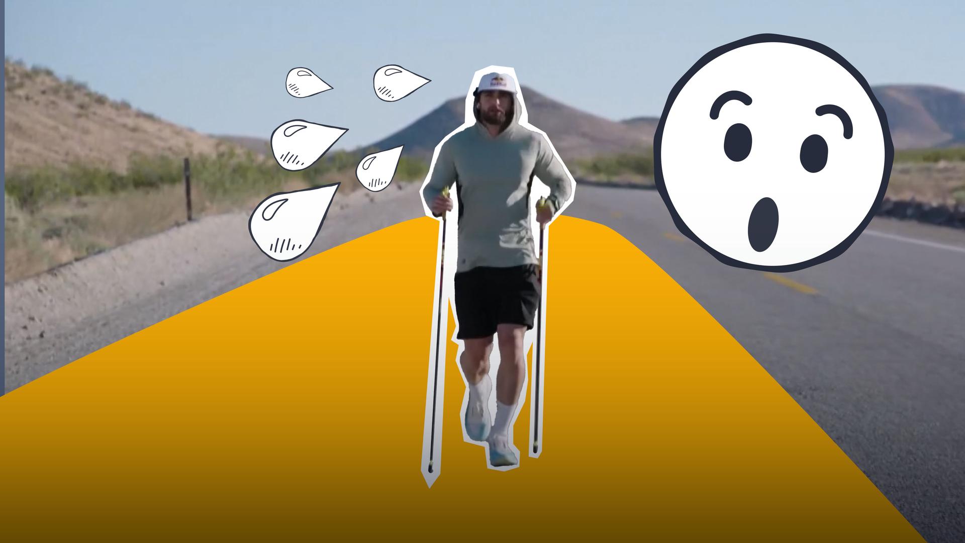 Collage: Ultra Run Läufer Arda Saatci beim Lauf, daneben grafische Schweißtropfen und erstauntes Emoji