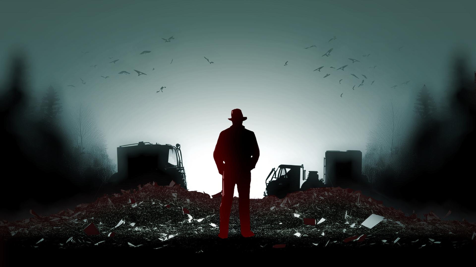 Der Umriss eines Mannes mit Hut auf einer Müllkippe bei Dunkelheit.