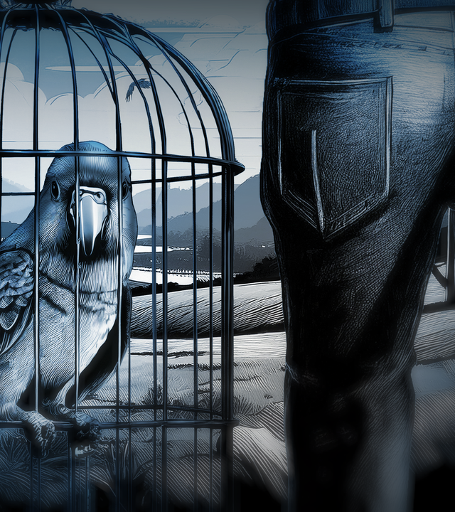 Graphische Darstellung: Mann von hinten trägt Papagei in Käfig