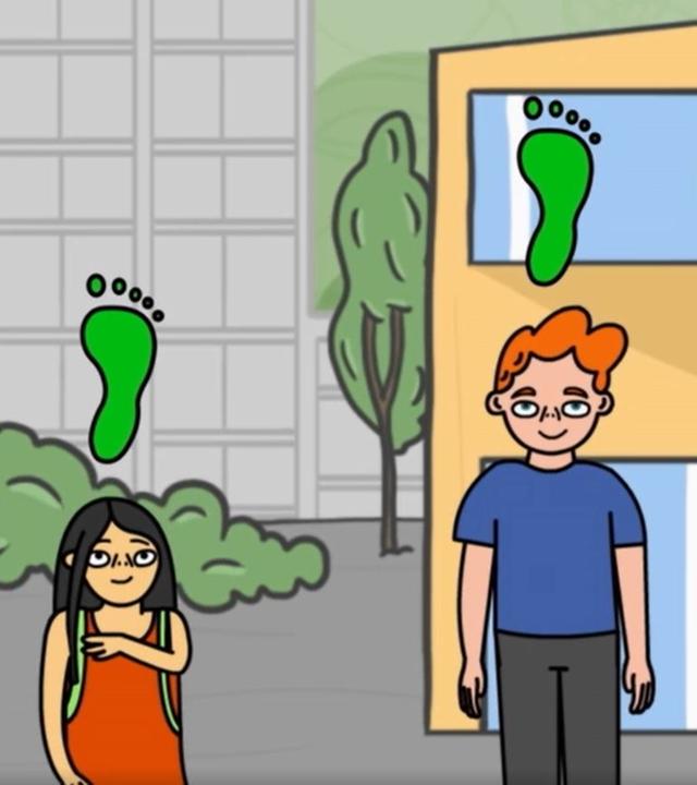 Drei Menschen stehen an einer Bushaltestelle. Sie haben einen grünen Fußabdruck über dem Kopf, der symbolisch ihren ökologischen Fußabdruck darstellen soll.