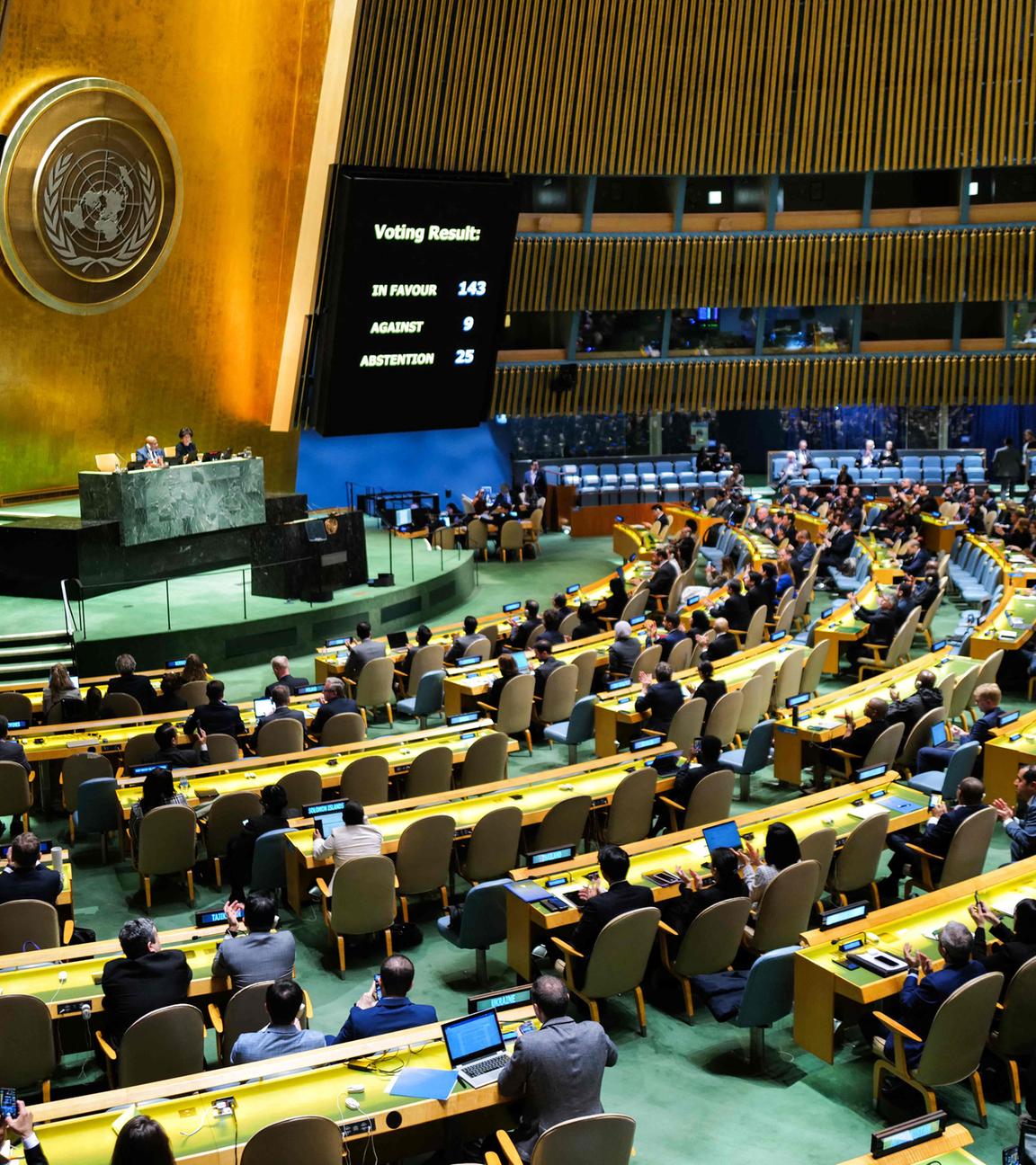 Sondersitzung der UN-Generalversammlung am 10.05.2024 im UN-Hauptquartier in New York City.