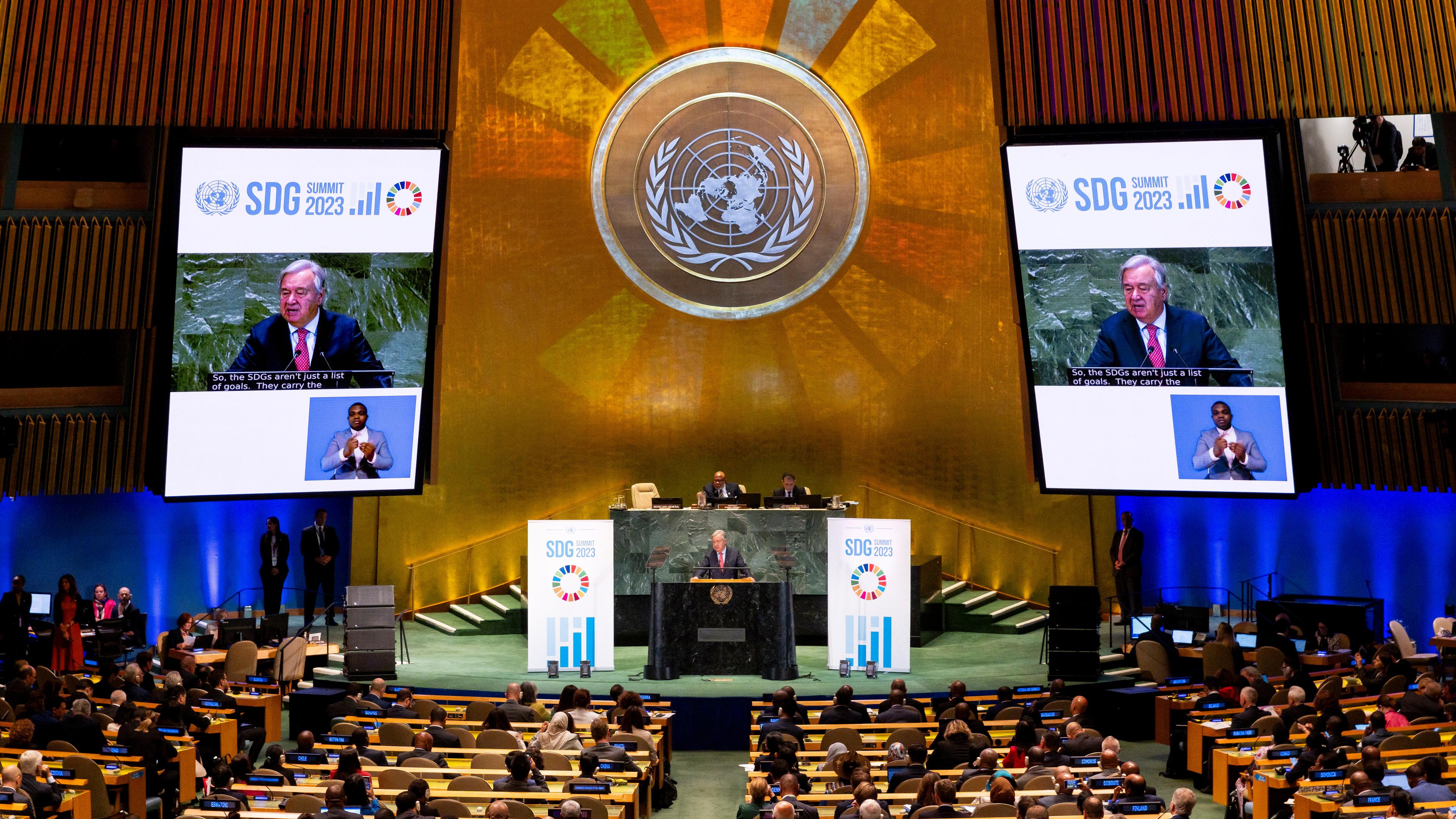 Der Generalsekretär der Vereinten Nationen, Antonio Guterres, spricht bei der Generalversammlung der Vereinten Nationen am 18.09.2023 in New York