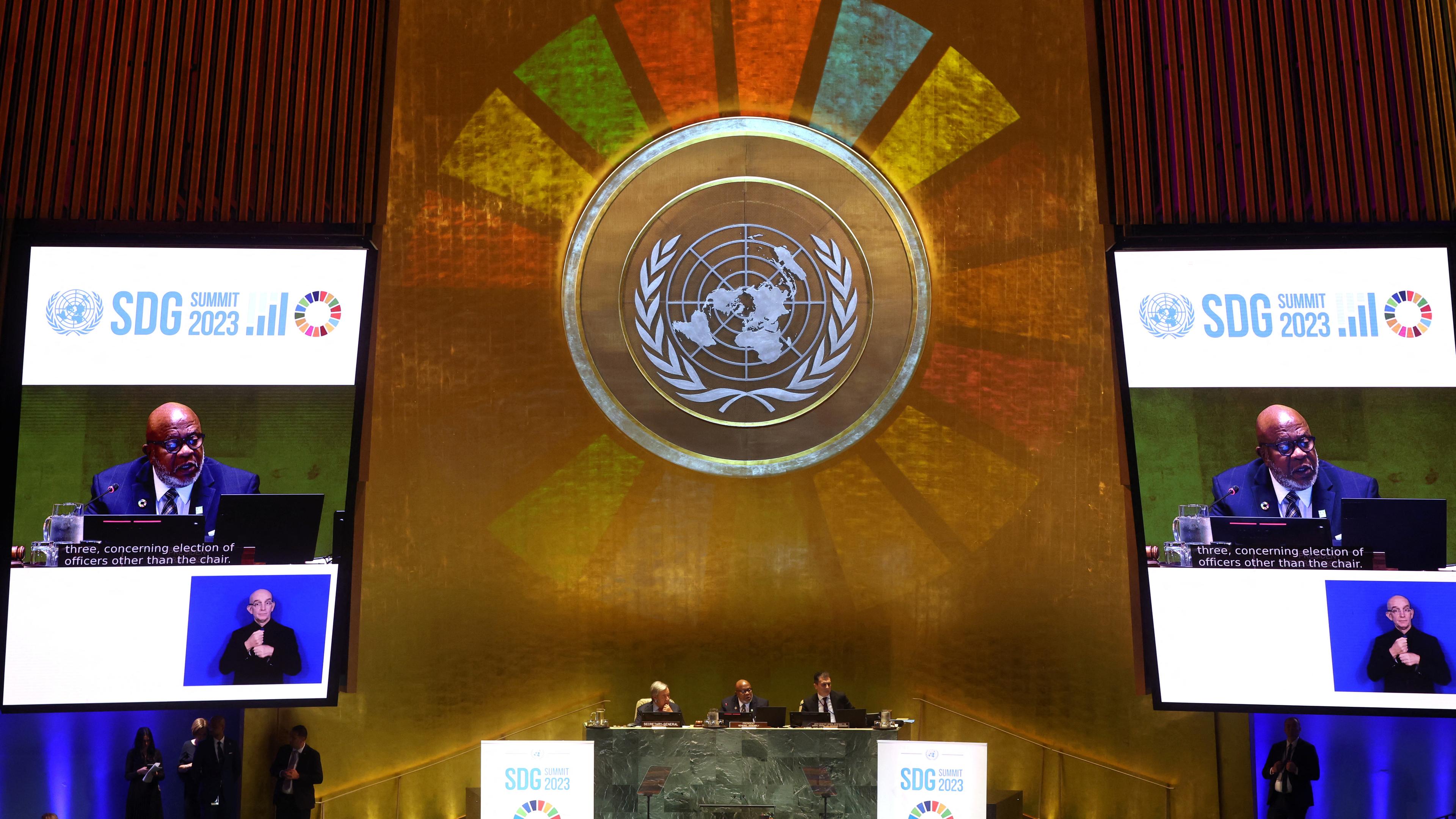 United Nations General Assembly President Dennis Francis makes an opening statement of the Sustainable Development Goals (SDG) Summit 2023, at U.N. headquarters in New York City, New York, U.S., September 18, 2023
