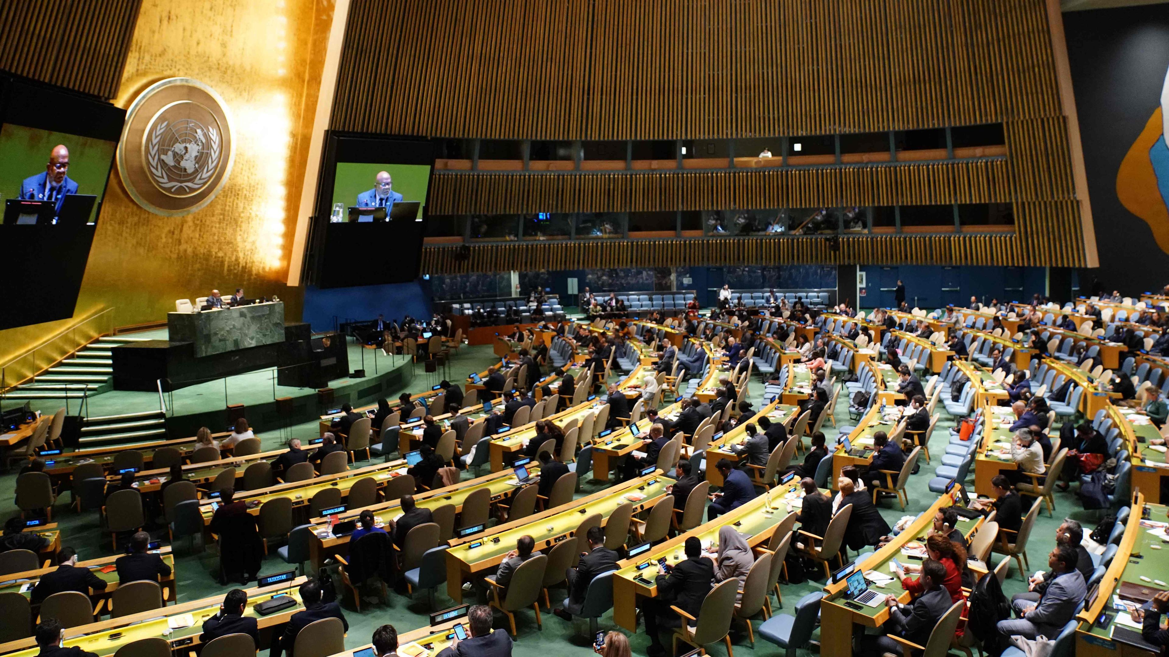 Im voll bestzten Saal der UN-Vollversammlung wird das Abstimmungsergebnis verlesen.