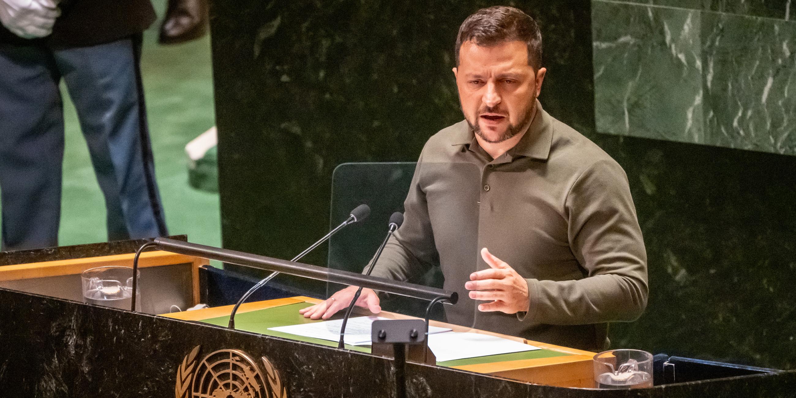 Wolodymyr Selenskyj spricht am 19.09.2023 bei der Generaldebatte der UN-Vollversammlung.