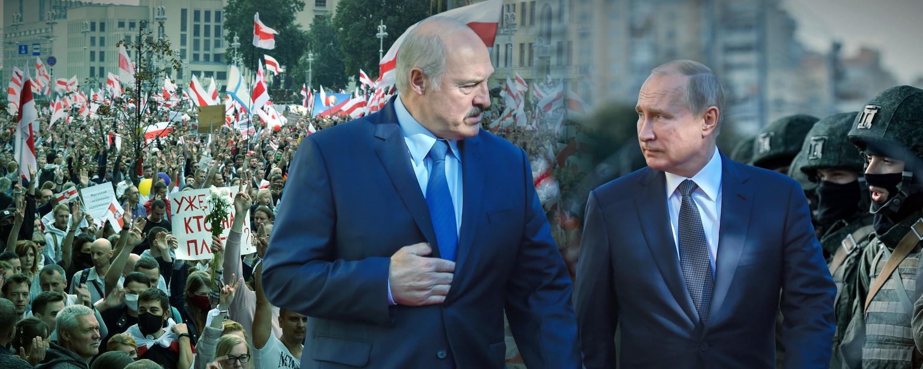 "Undercover in Belarus - Protest, Propaganda und Putins Einfluss": Montage: Im Vordergrund Putin und Lukaschenko, die sich ernst in die Augen blicken. Im Hintergrund links Protestierende in Belarus, die die Flagge der politischen Opposition tragen. Im Hintergrund rechts gepanzerte Polizeieinheiten.