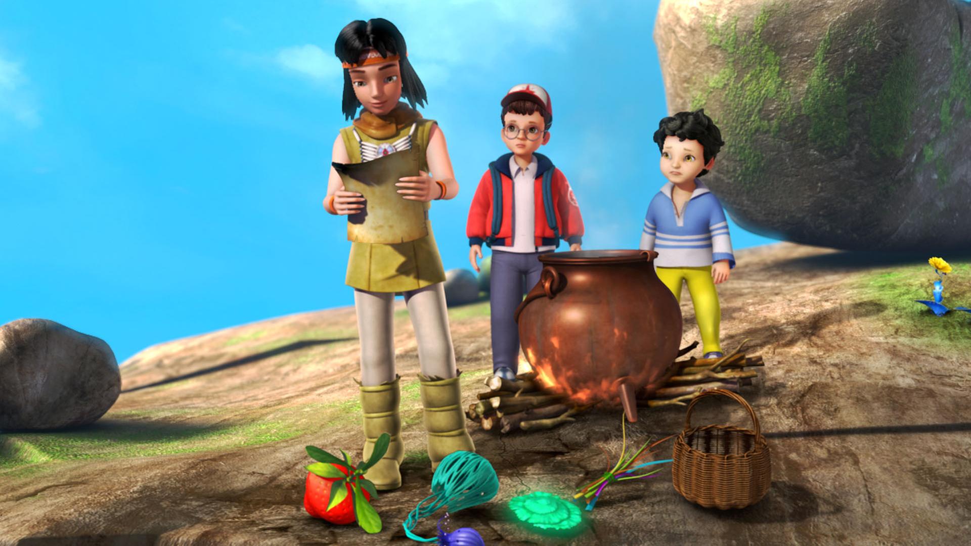 John, Michael und Beaver Bob versuchen sich beim Tränkebrauen. Beaver Bob hält ein Rezept in den Händen, während John und Michael am Kessel stehen.