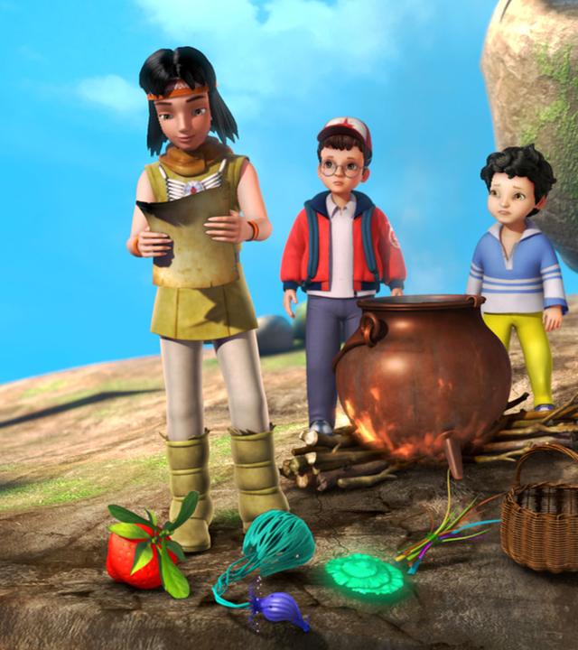 John, Michael und Beaver Bob versuchen sich beim Tränkebrauen. Beaver Bob hält ein Rezept in den Händen, während John und Michael am Kessel stehen.