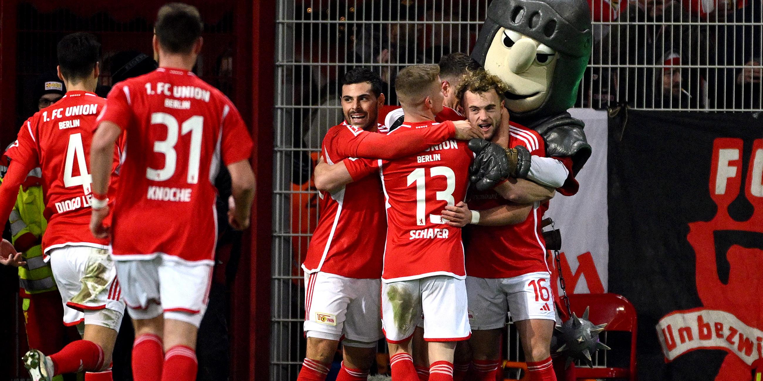1. FC Union Berlin, Benedict Hollerbach, feiert seinen ersten Treffer mit Teamkollegen und dem Maskottchen.