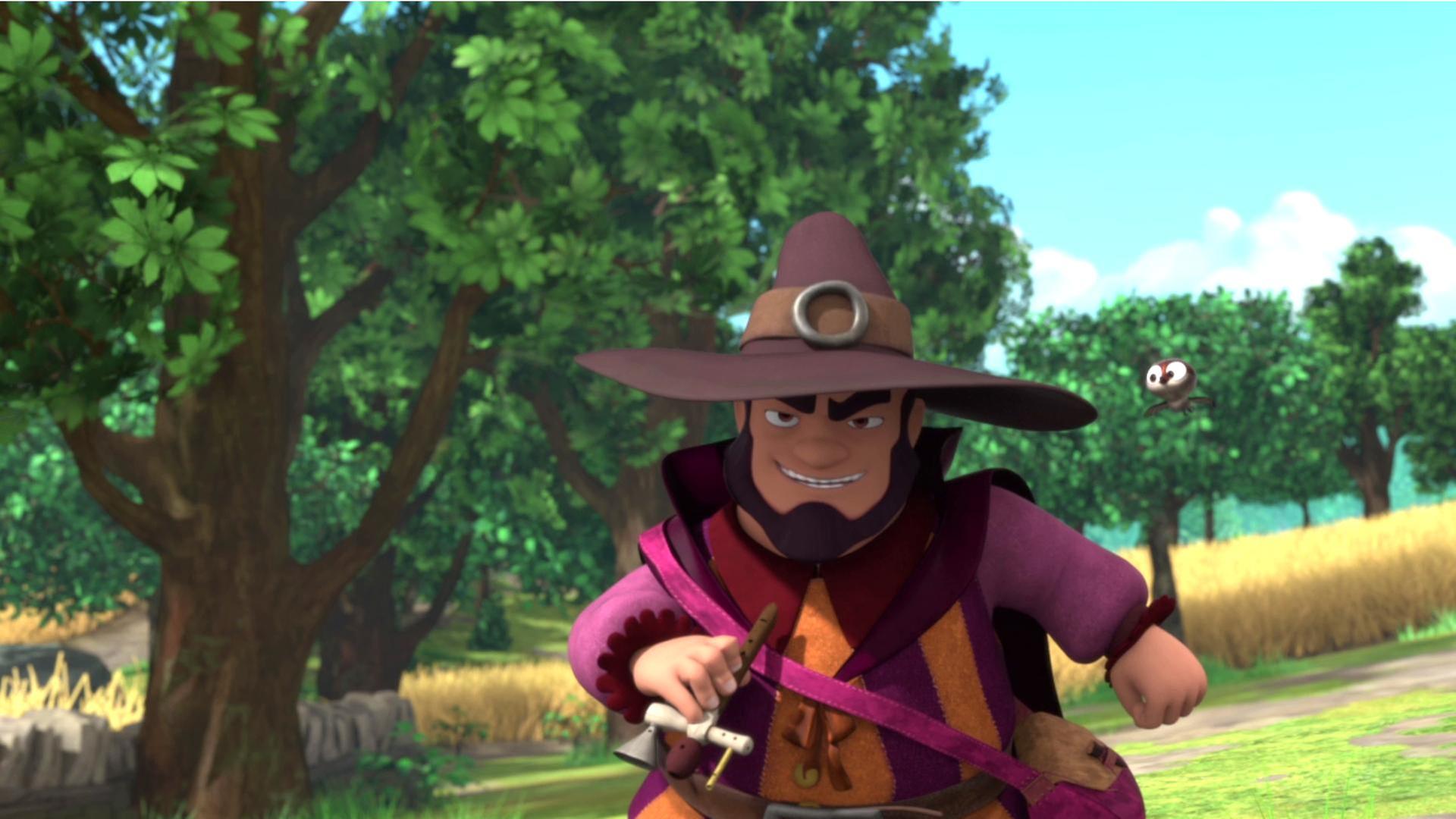 Der Dieb hält eine Flöte in der rechten Hand. Rechts über seiner Schulter flattert ein Vogel.