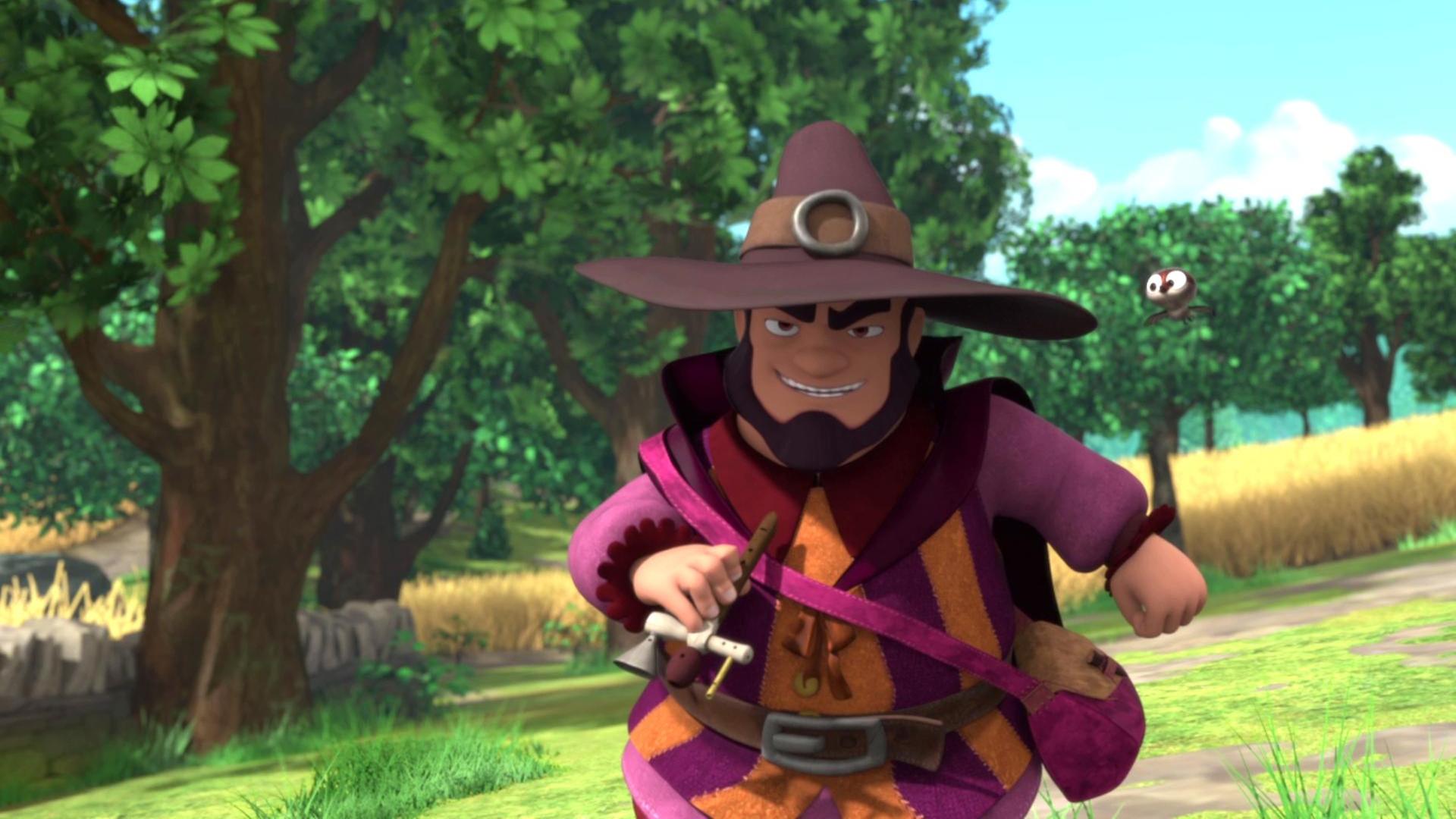 Der Dieb hält eine Flöte in der rechten Hand. Rechts über seiner Schulter flattert ein Vogel.