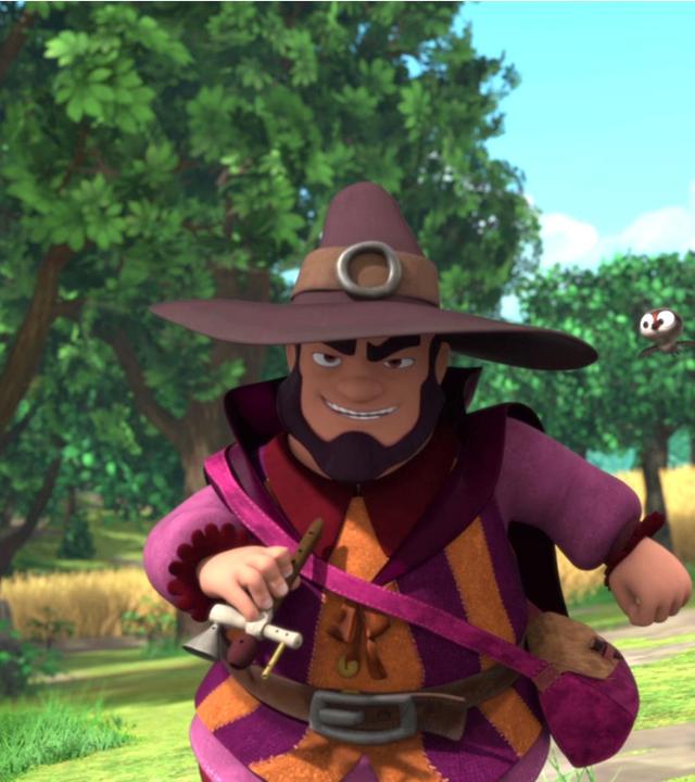 Der Dieb hält eine Flöte in der rechten Hand. Rechts über seiner Schulter flattert ein Vogel.