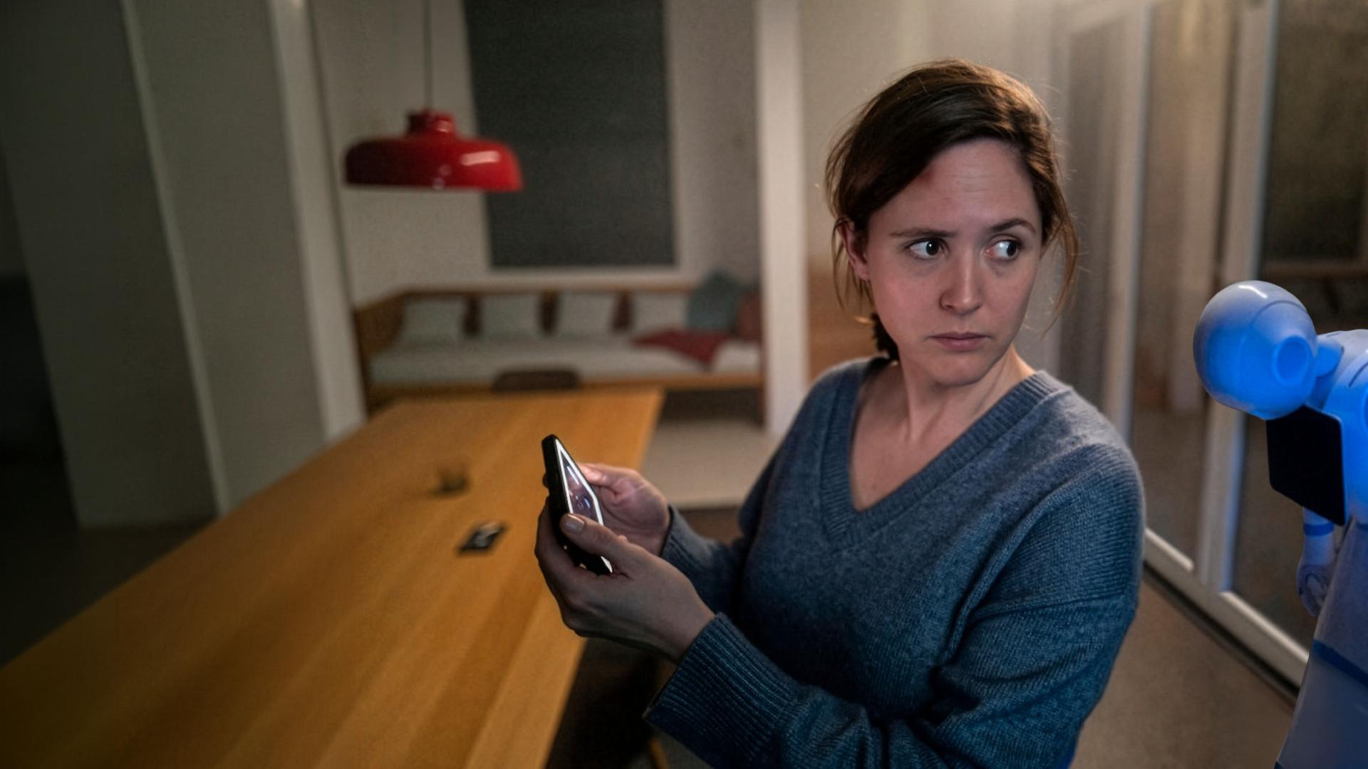 "Unsichtbarer Angreifer": Es ist dunkel im Haus und Emma (Emily Cox) ist offenbar allein. Auch Hausroboter Samy steht ausgeschaltet in der Ecke. Der Bildschirm auf Emmas Handy leuchtet, sie schaut besorgt um sich.