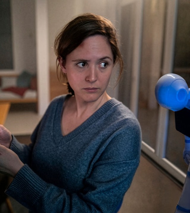 "Unsichtbarer Angreifer": Es ist dunkel im Haus und Emma (Emily Cox) ist offenbar allein. Auch Hausroboter Samy steht ausgeschaltet in der Ecke. Der Bildschirm auf Emmas Handy leuchtet, sie schaut besorgt um sich.