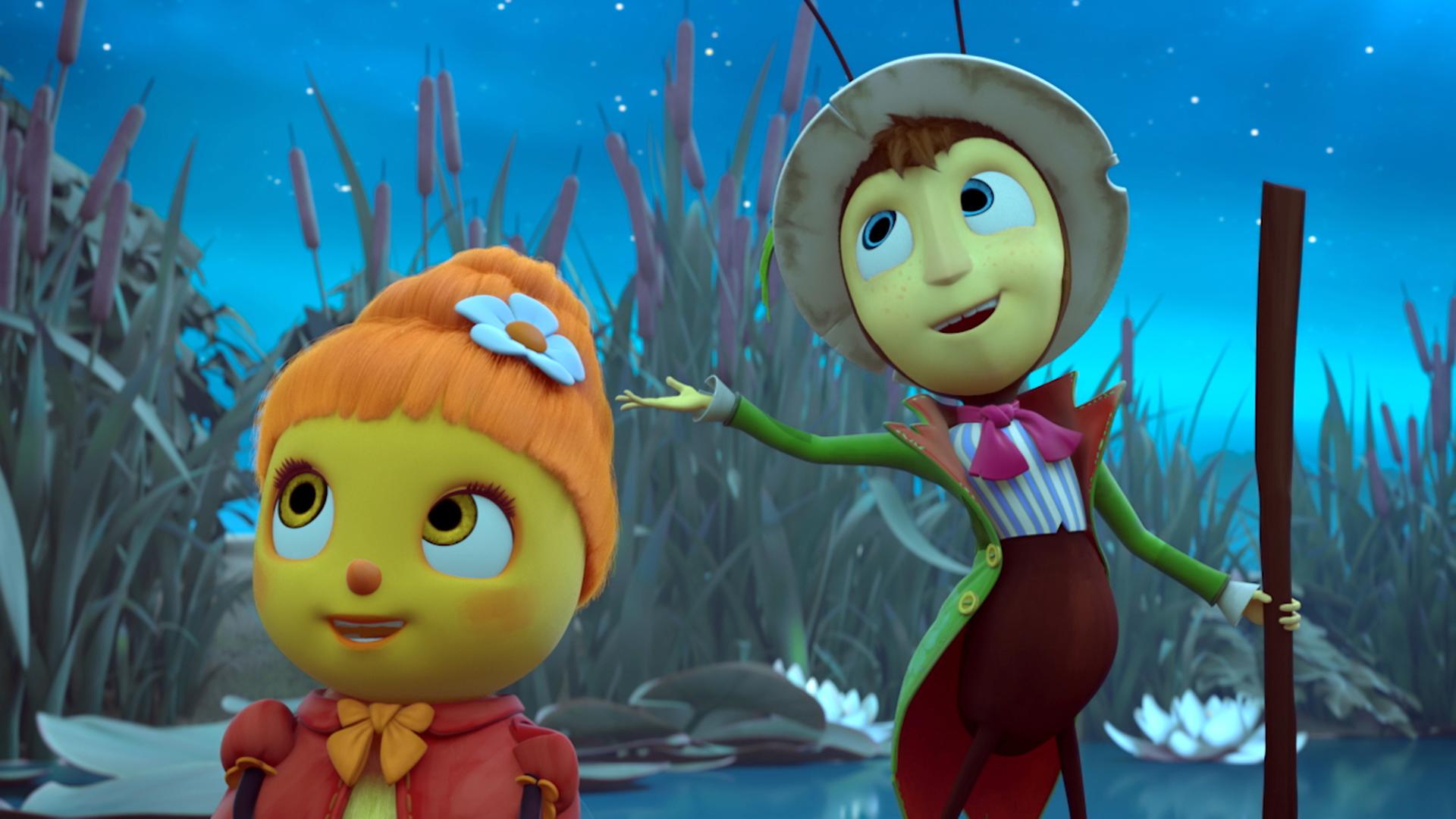 Gregor (rechts) steht auf einem Seerosenblatt. Links neben ihm sitzt Marylin. Sie sehen glücklich aus.