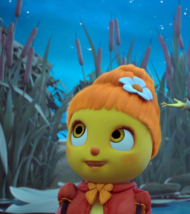 Gregor (rechts) steht auf einem Seerosenblatt. Links neben ihm sitzt Marylin. Sie sehen glücklich aus.