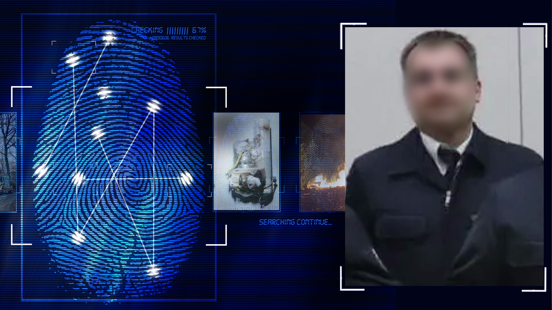 Portraitfoto des Täters in Feuerwehruniform. Das Gesicht wurde im Bild technisch verfremdet. Links daneben: Lichtschematische Darstellung eines Fingerabdrucks.