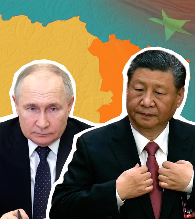 Russlands Präsident Putin und chinas Präsident Xi vor einer Karte der Ukraine. 