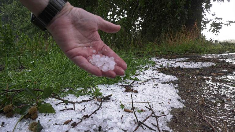 Eine Hand zeigt Hagelkörner nach einem Unwetter bei Ludwigslust. 