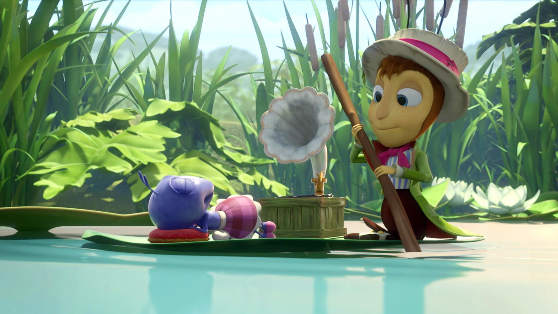 Ameise Anna (links) und Grille Gregor (rechts) lassen sich auf einem Blatt über den Teich gleiten. Anna liegt auf dem Rücken, die Arme hinter dem Kopf verschränkt, und Gregor nutzt einen Zweig als Paddel. Auf dem Blatt steht auch ein Grammophon.