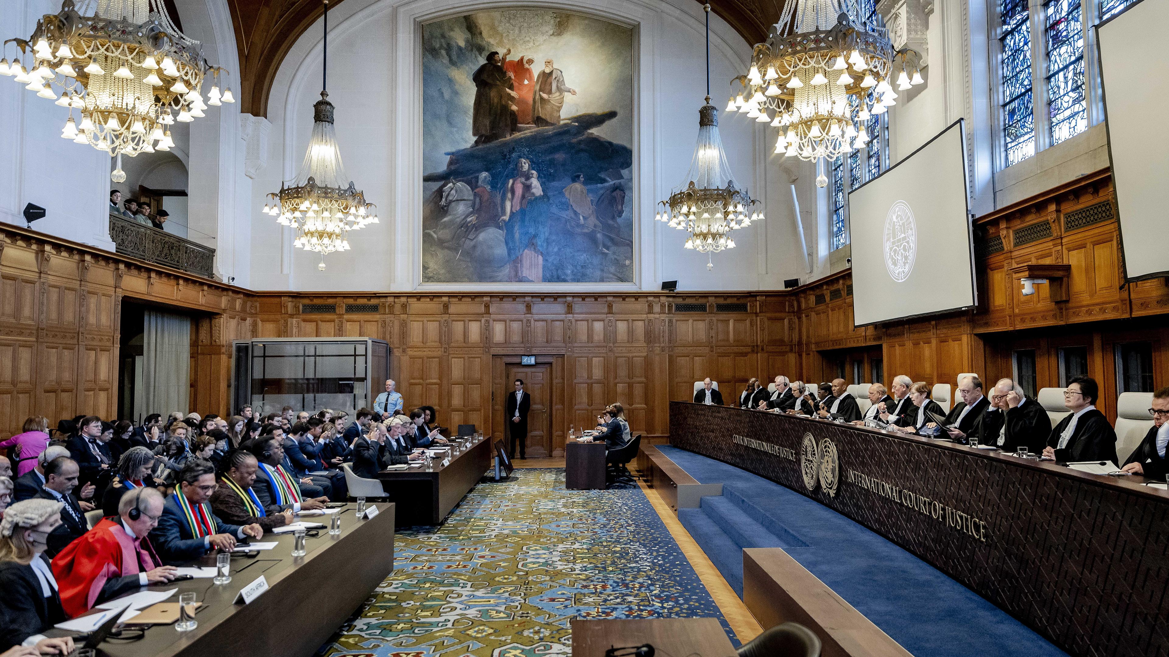 President Donoghue and other judges, during a ruling by the International Court of Justice (ICJ) in The Hague, The Netherlands, on a request by South Africa for emergency measures for Gaza, 26 January 2024.