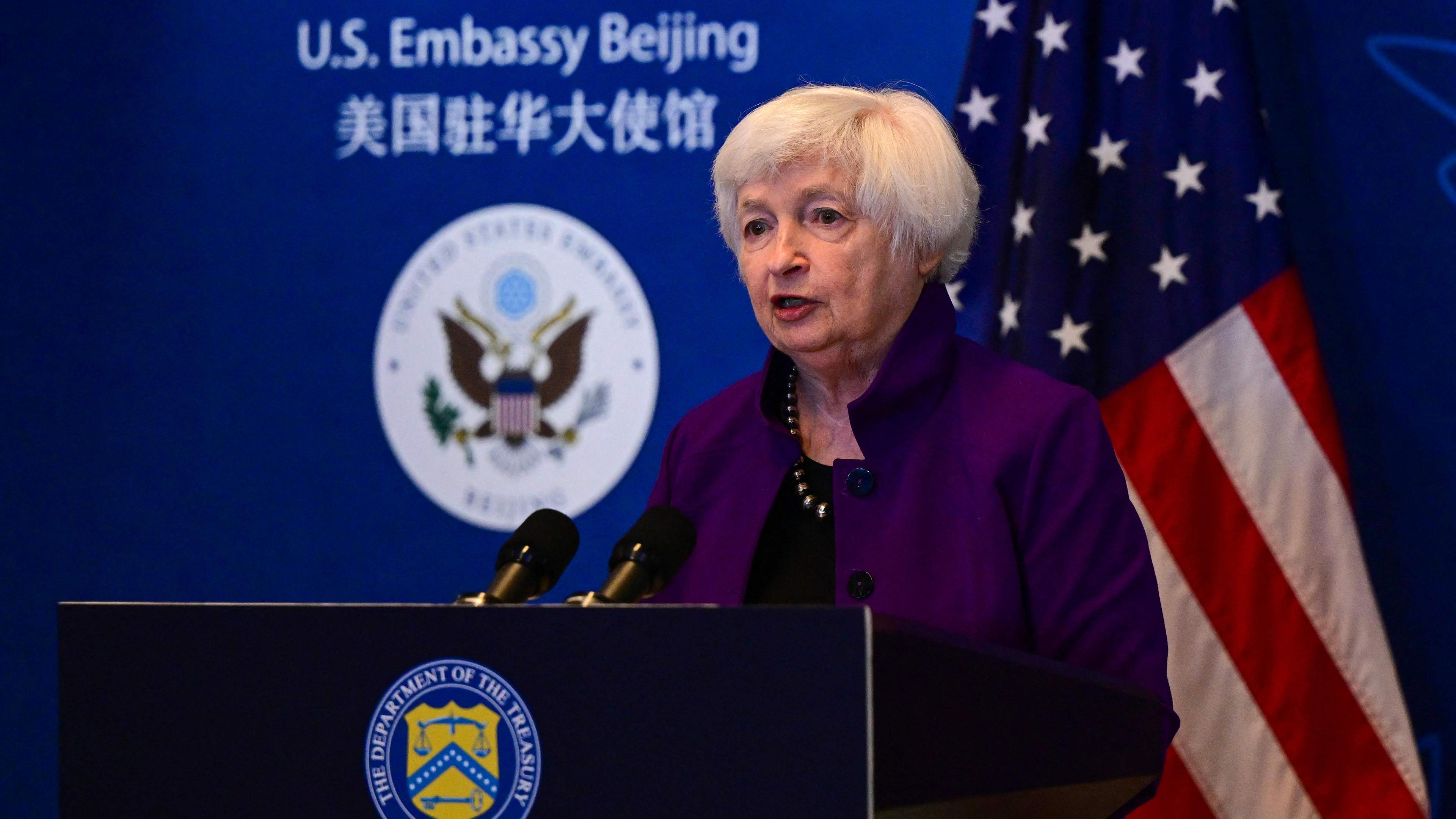 US-Finanzministerin Janet Yellen bei einer Rede in der US-Botschaft in Peking am 9. Juli 2023.