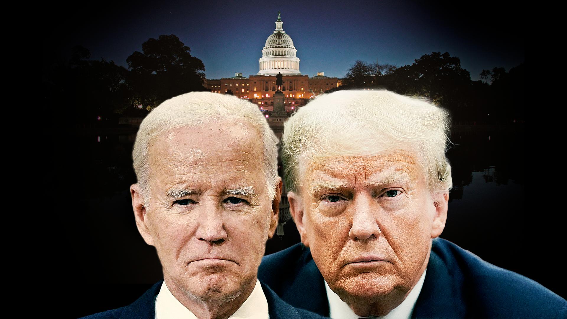 Im Vordergrund die Gesichter von Präsident Biden und Ex-Präsident Trump; im dunklen Hintergrund leuchtet das US-Kapitol.