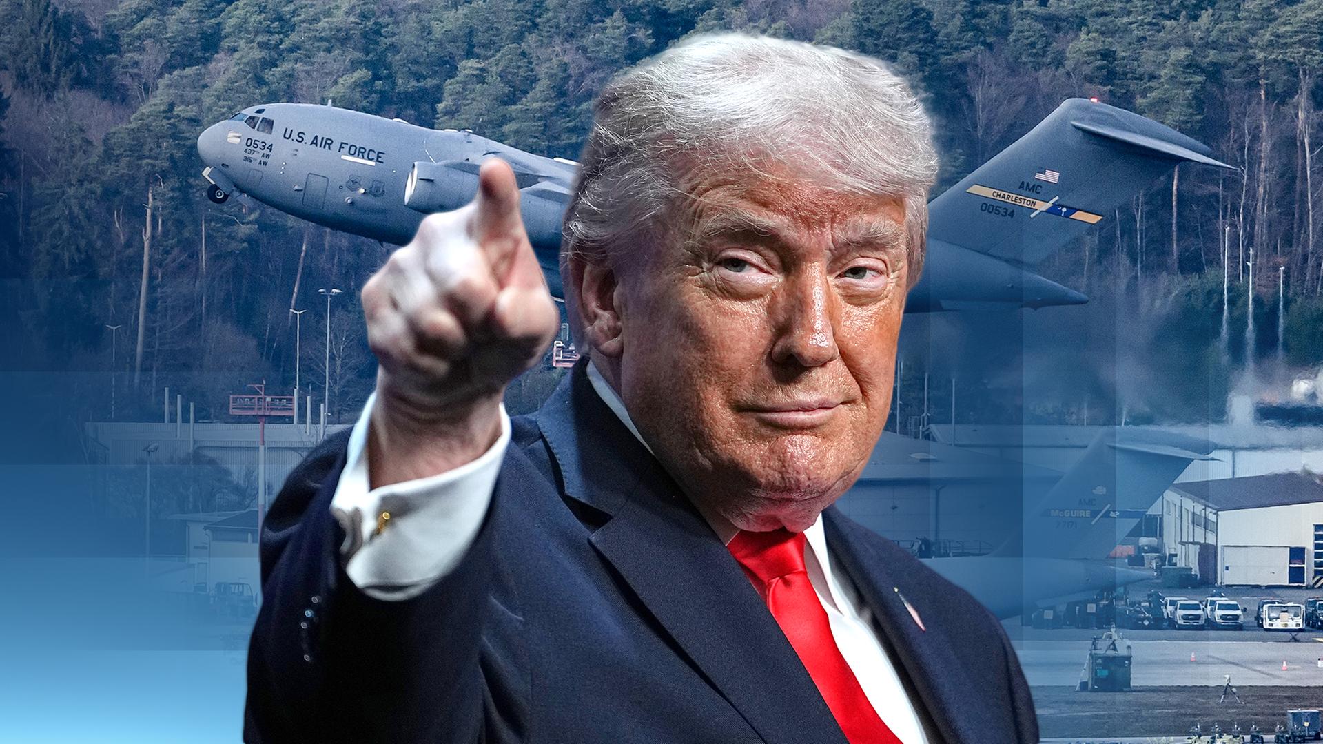 Ein Ausschnitt von US-Präsident Donald Trump, im Hintergrund ein startendes Flugzeug der US-Army.
