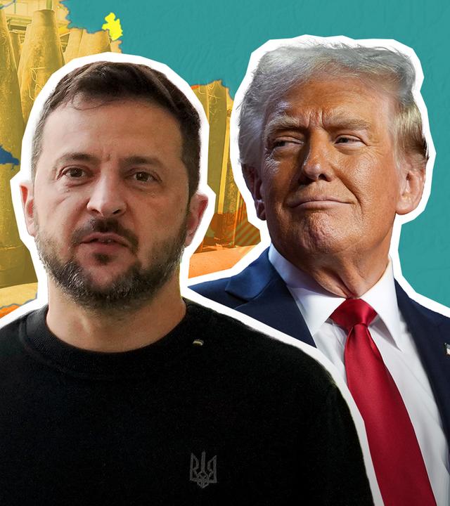 Selenskyj und Trump vor Symbol-Graphik Ukraine 