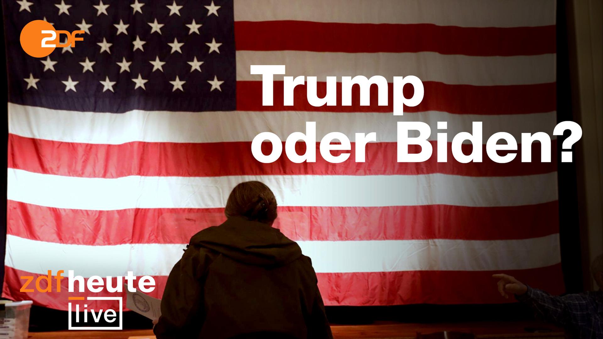 Ein Amerikaner steht mit dem Rücken zur Kamerra und schaut eine USA-Flagge an. Schriftzug "Trump oder Biden"