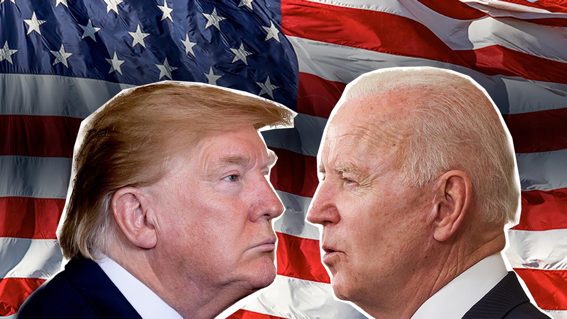 Collage: Die Gesichter von Joe Biden und Donald Trump im Profil. Im Hintergrund eine US-amerikanische Flagge.
