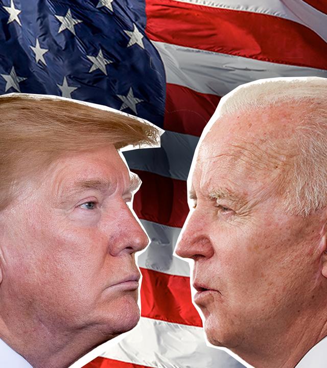Collage: Die Gesichter von Joe Biden und Donald Trump im Profil. Im Hintergrund eine US-amerikanische Flagge.