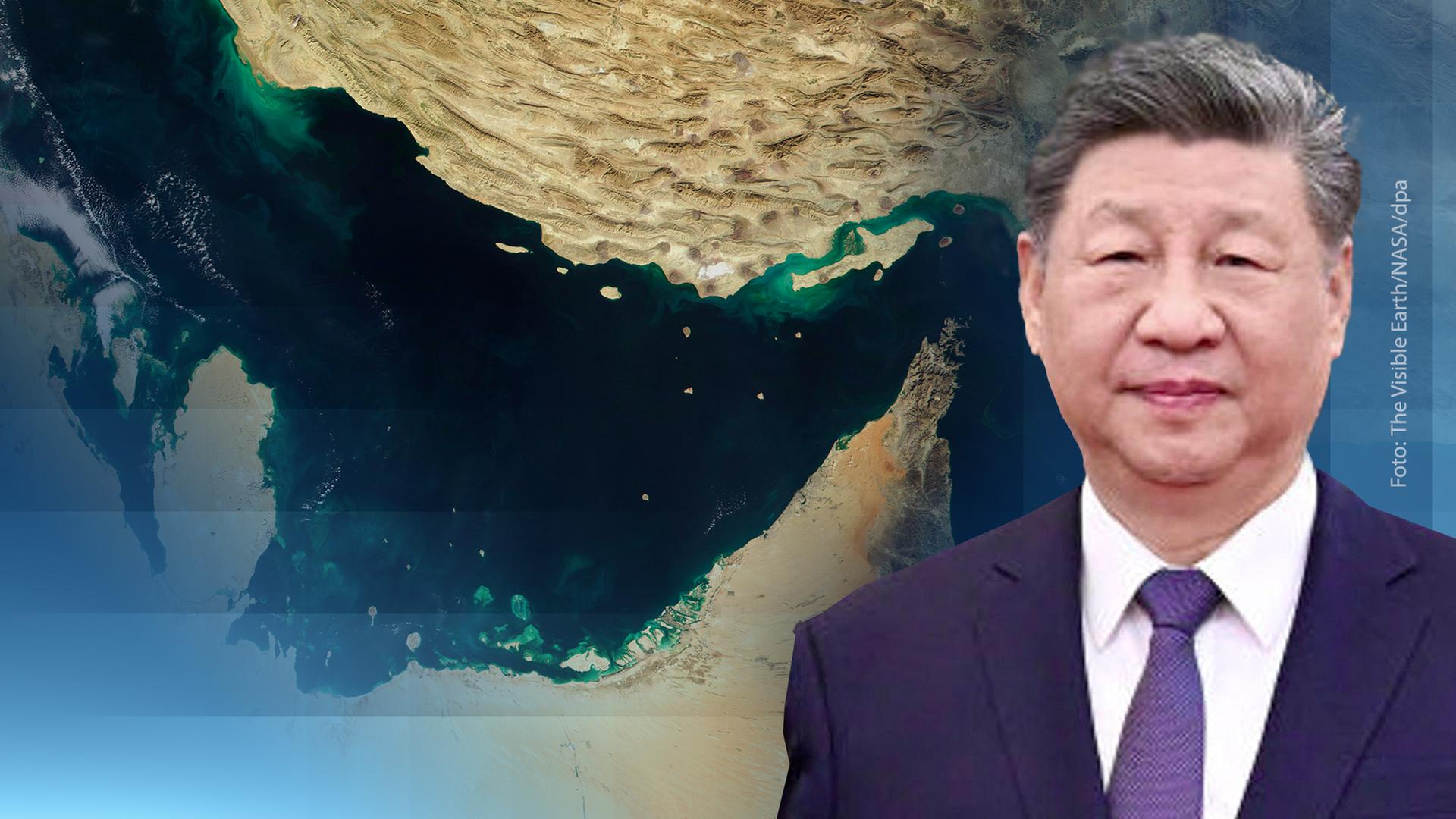 Eine Karte des Irans im Hintergrund, vorne der chinesiche Staatschef Xi Jinping.