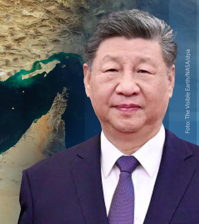 Eine Karte des Irans im Hintergrund, vorne der chinesiche Staatschef Xi Jinping.