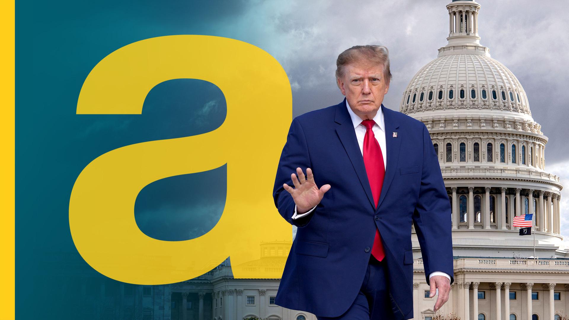 US-Präsident Donald Trump steht in blauem Anzug und roter Krawatte mit erhobener rechter Hand vor der Kuppel des US-Kongresses in Washington, D.C.