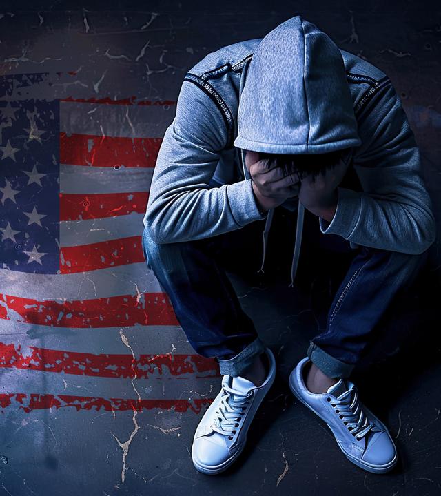 Collage: Teenager mit Hoodi über dem Kopf sitzt in der Hocke und blickt nach unten, mit Händen vor dem Gesicht. Links eine stark abgedunkelte US-Flagge.