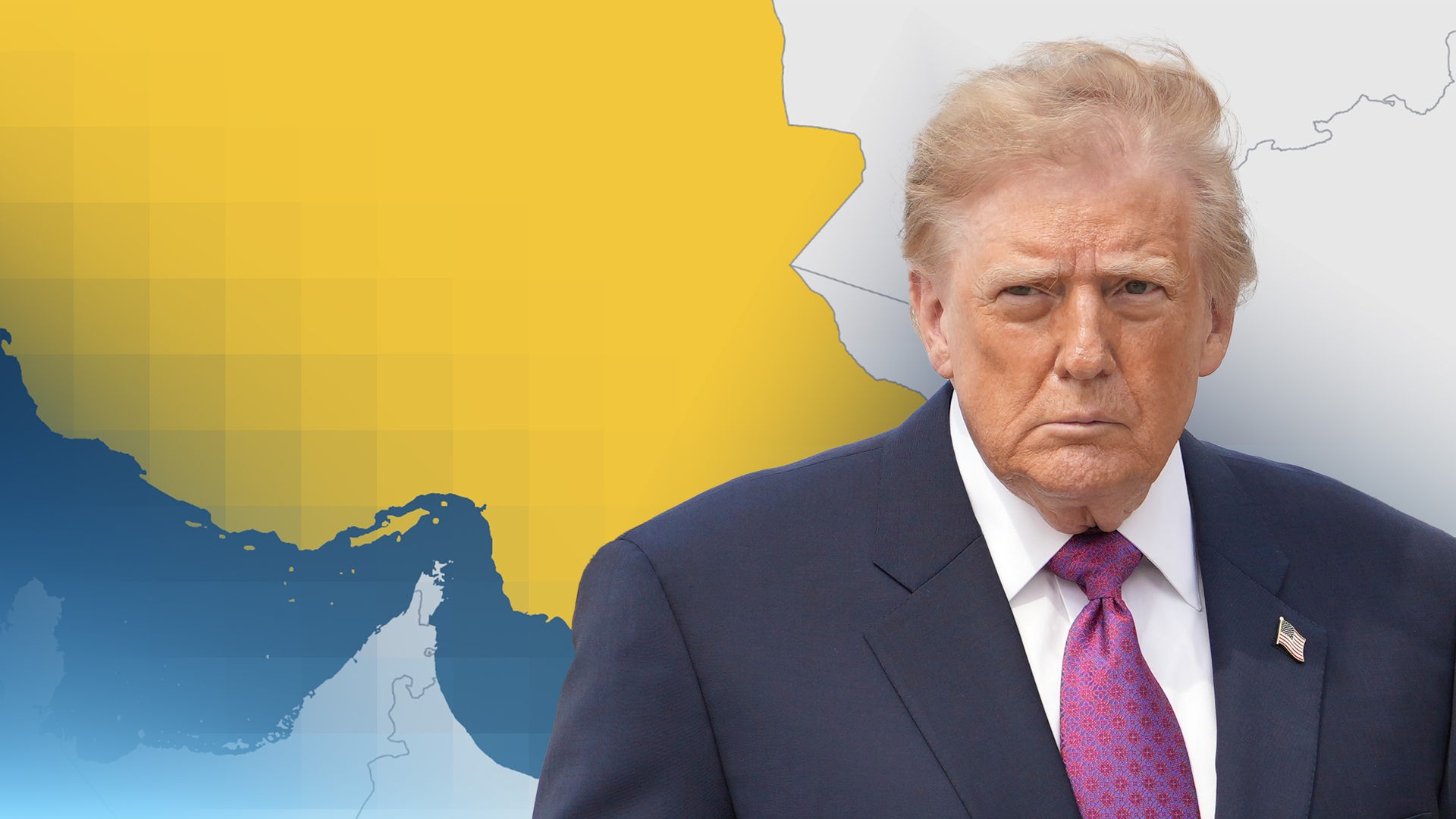 US-Präsident Donald Trump, im Hintergrund eine Iran-Landkarte