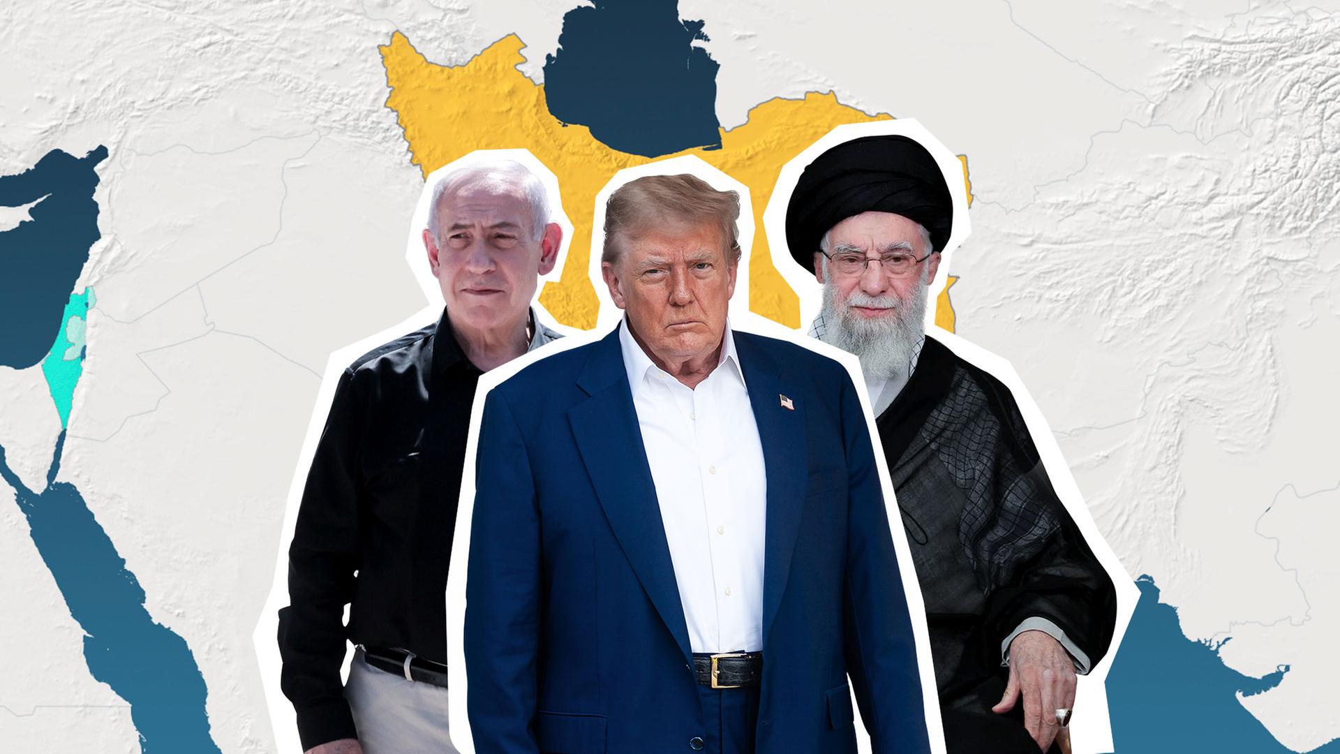 Der israelische Ministerpräsident Netanjahu (li.), US-Präsident Donald Trump (mi.) und der iranische Präsident Massud Peseschkian (re.).