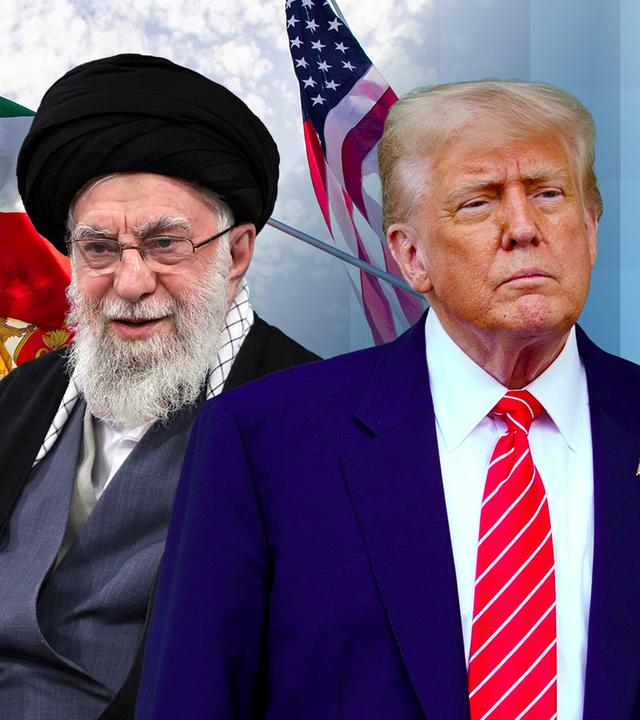 Bildausschnitte von Ali Chamenei und Donald Trump vor den Flaggen von Iran und USA