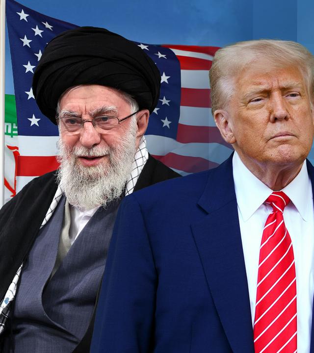 Bildausschnitte von Ali Chamenei und Donald Trump vor den Flaggen von Iran und USA