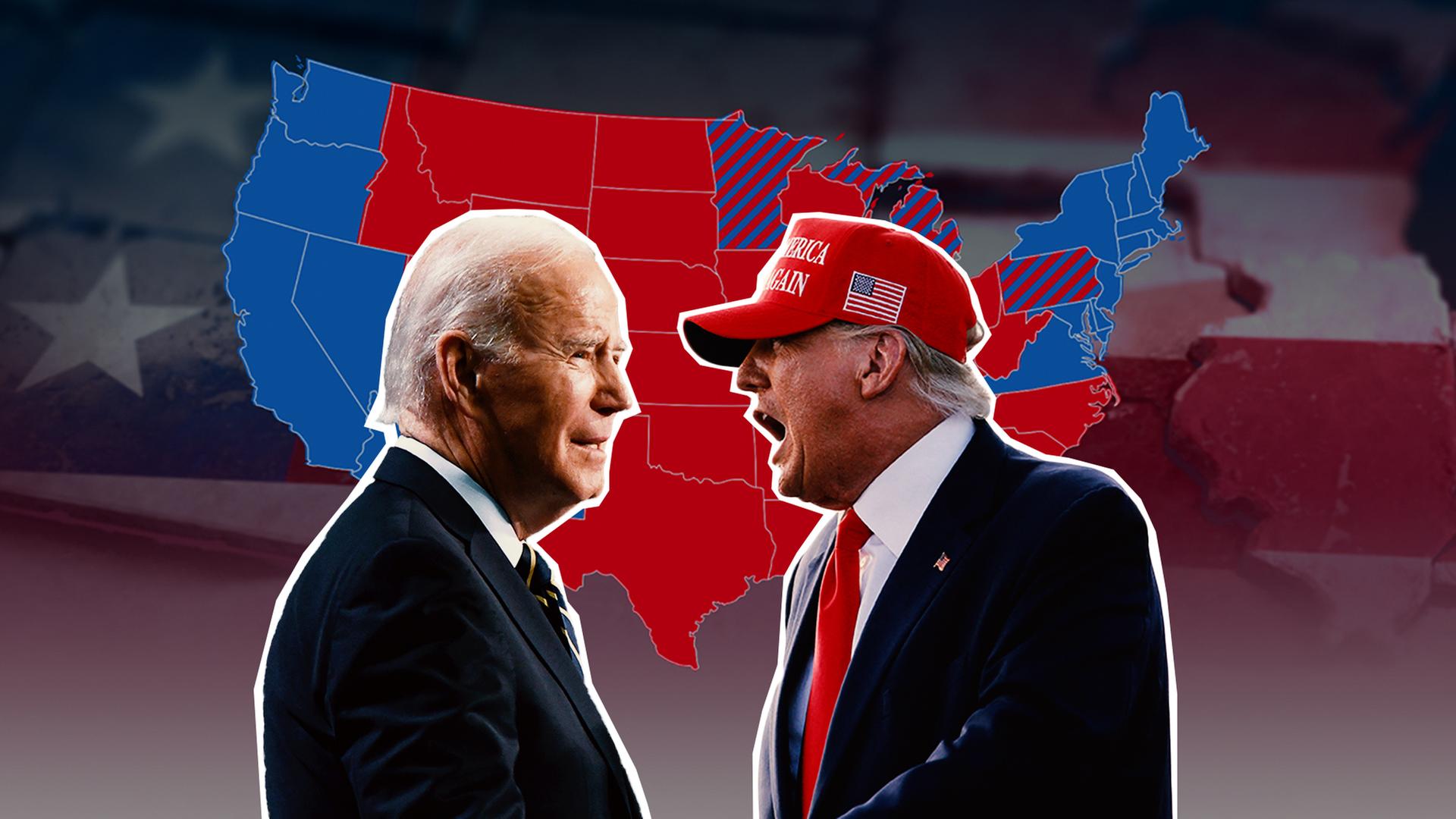 Eine Collage, bei der sich Präsident Biden und Ex-Präsident Trump gegenüberstehen, eine Karte der USA in blau und rot im Hintergund.