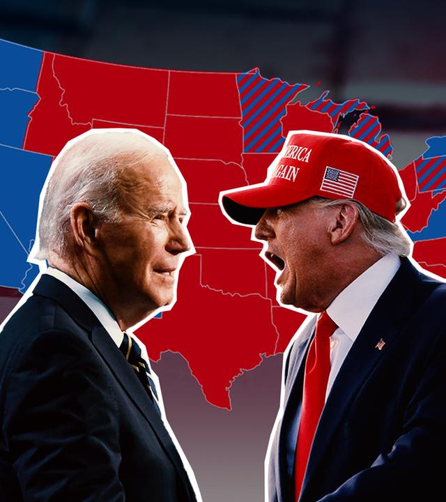 Eine Collage, bei der sich Präsident Biden und Ex-Präsident Trump gegenüberstehen, eine Karte der USA in blau und rot im Hintergund.