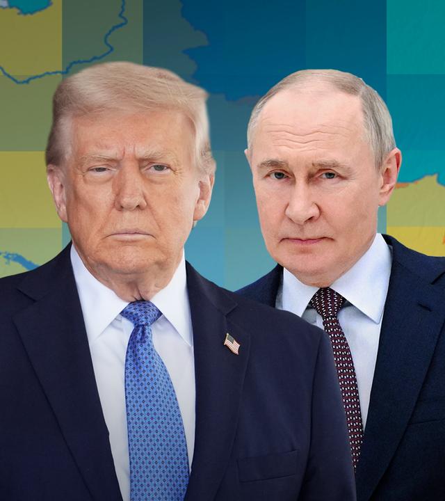 Donald Trump und Waldimir Putin auf einer Fotomontage vor einer Karte der Ukraine.