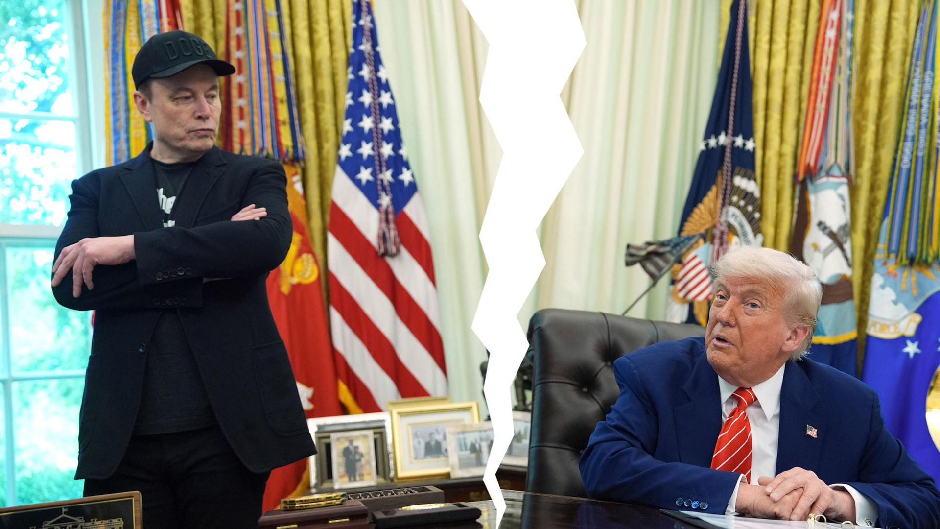 Donald Trump und Elon Musk am Schreibtisch im Oval Office, getrennt durch einen Riss im Bild.