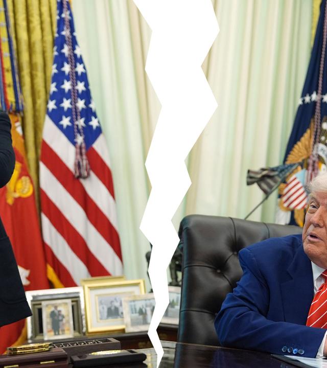 Donald Trump und Elon Musk am Schreibtisch im Oval Office, getrennt durch einen Riss im Bild.